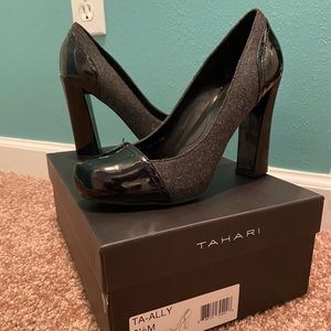 Black and gray Tahari heels